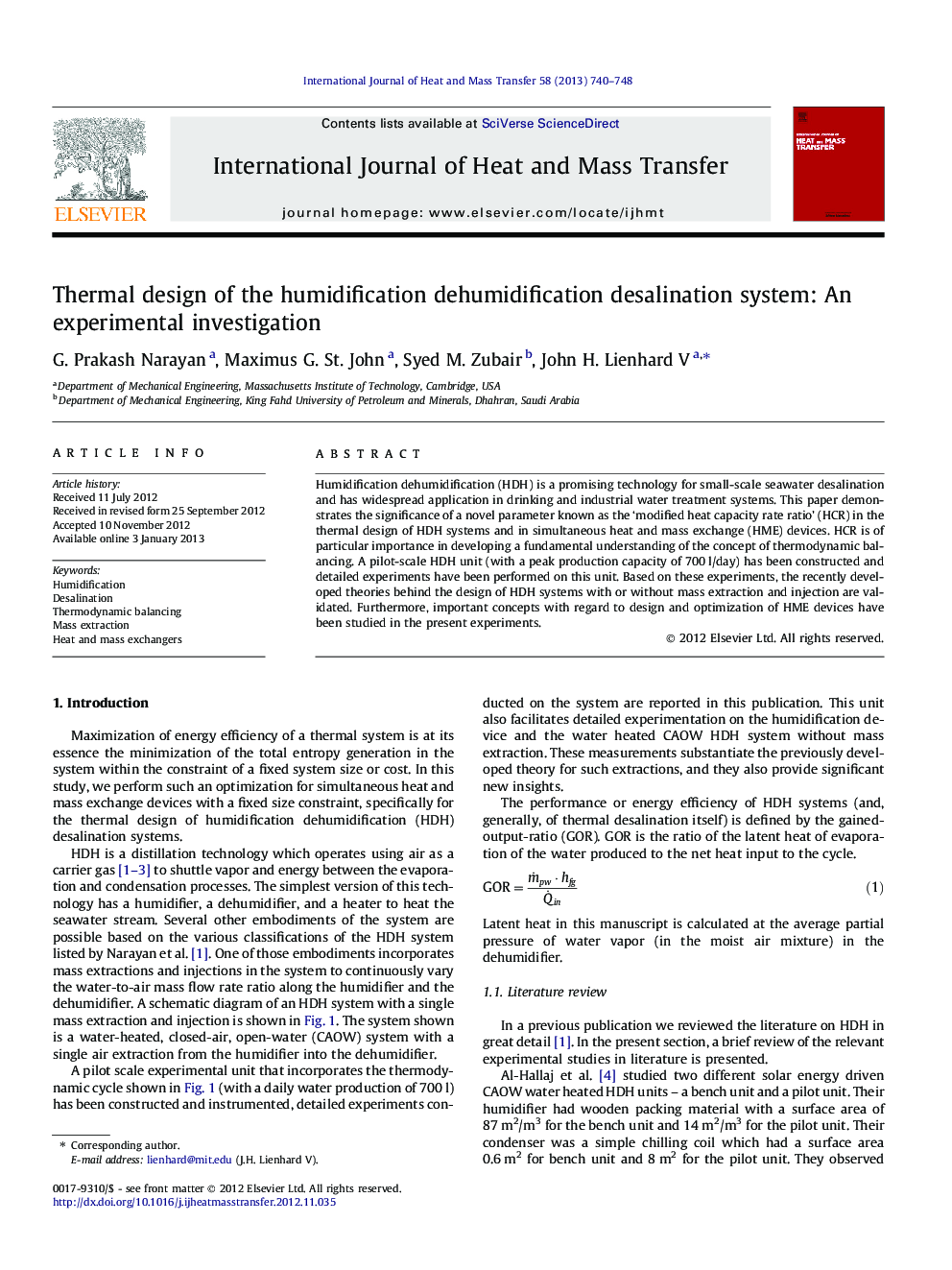 Thermal design of the humidification dehumidification desalination system: An experimental investigation