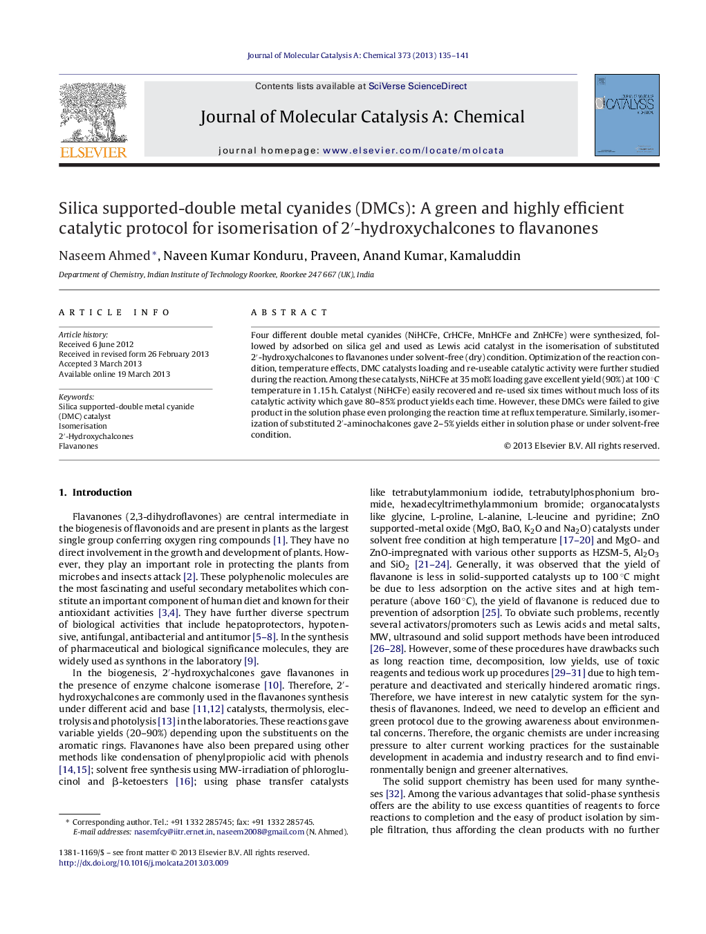 Silica supported-double metal cyanides (DMCs): A green and highly efficient catalytic protocol for isomerisation of 2′-hydroxychalcones to flavanones