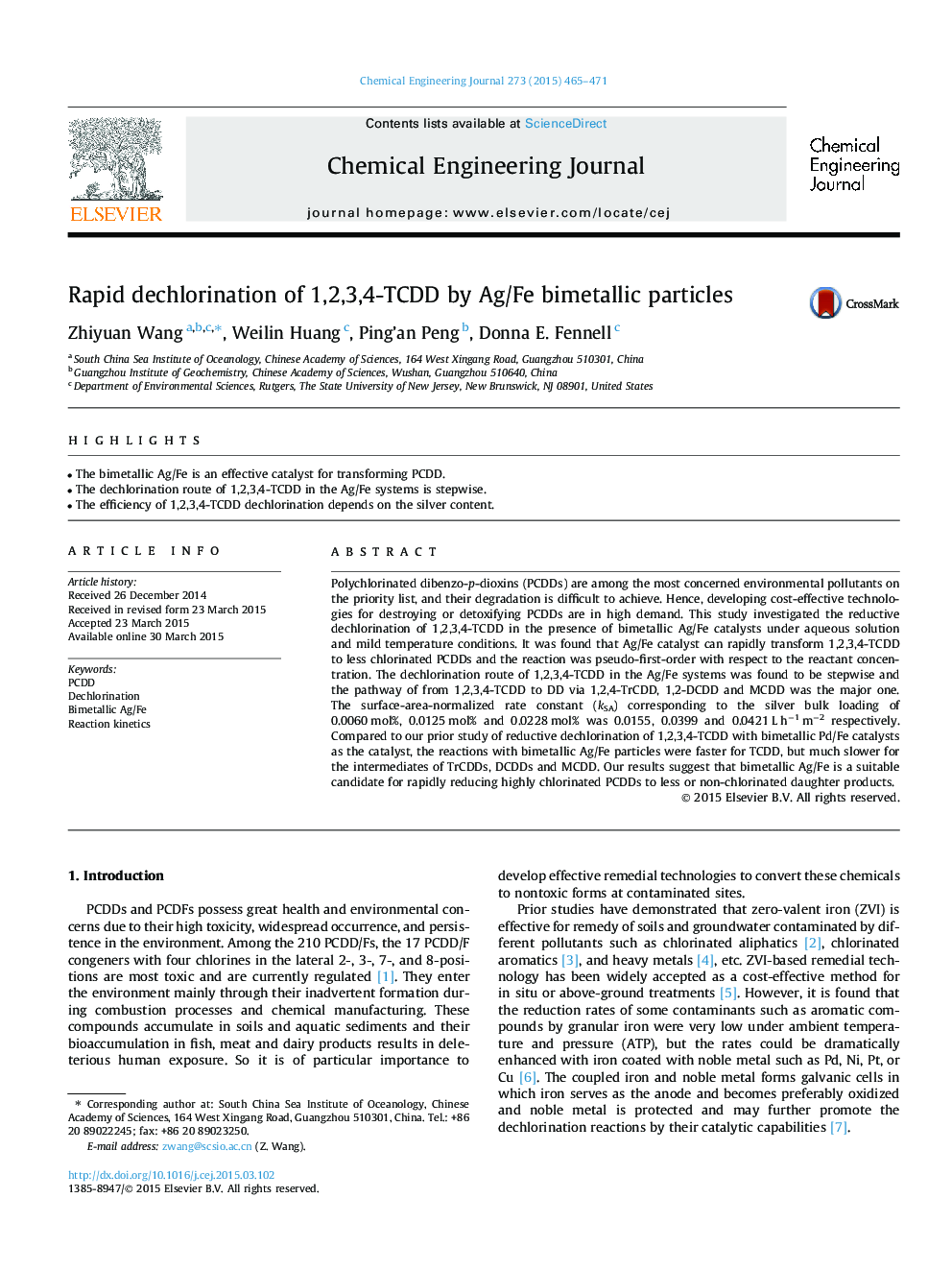 Rapid dechlorination of 1,2,3,4-TCDD by Ag/Fe bimetallic particles