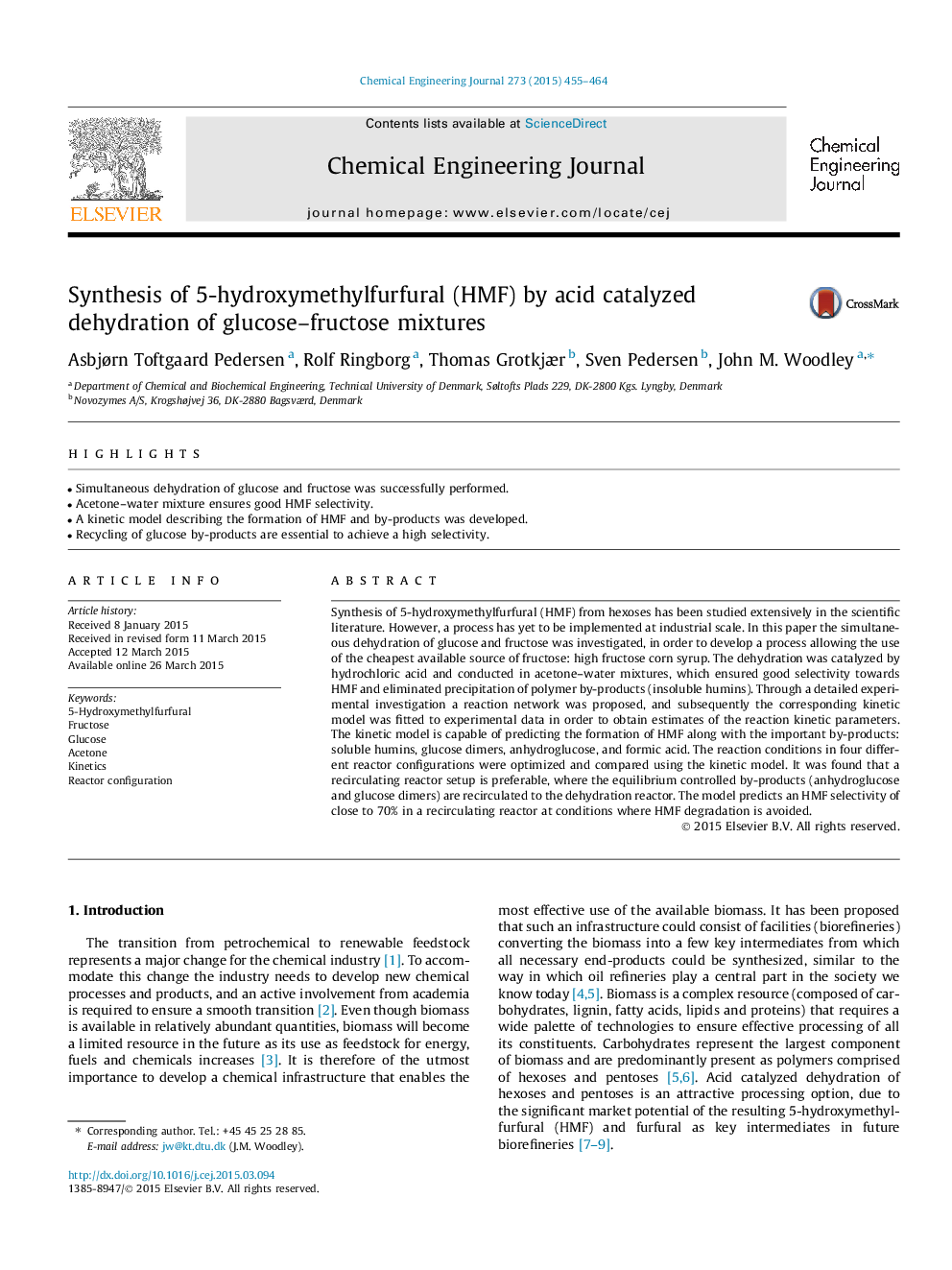 Synthesis of 5-hydroxymethylfurfural (HMF) by acid catalyzed dehydration of glucose-fructose mixtures