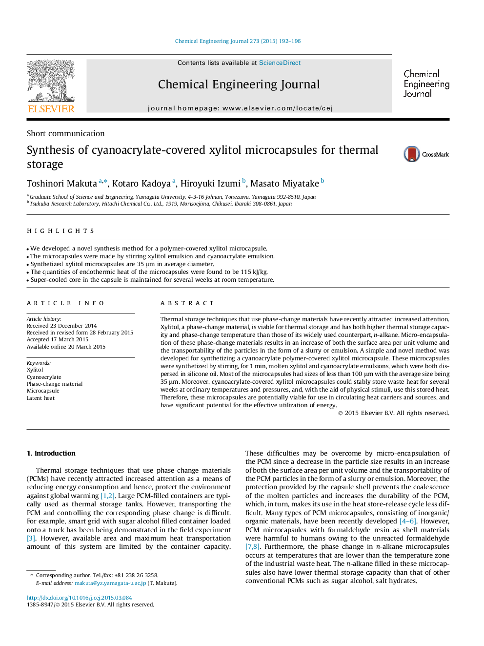 Synthesis of cyanoacrylate-covered xylitol microcapsules for thermal storage