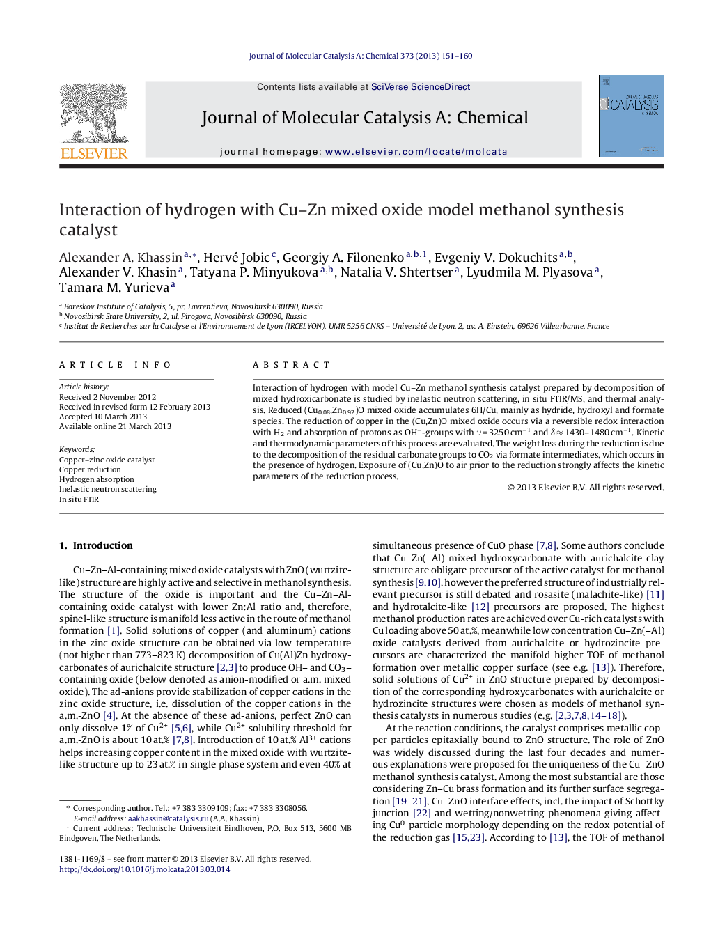 Interaction of hydrogen with Cu–Zn mixed oxide model methanol synthesis catalyst