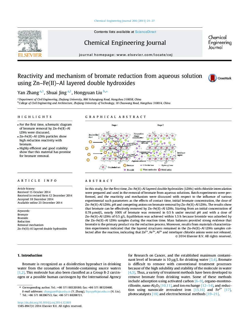 Reactivity and mechanism of bromate reduction from aqueous solution using Zn-Fe(II)-Al layered double hydroxides