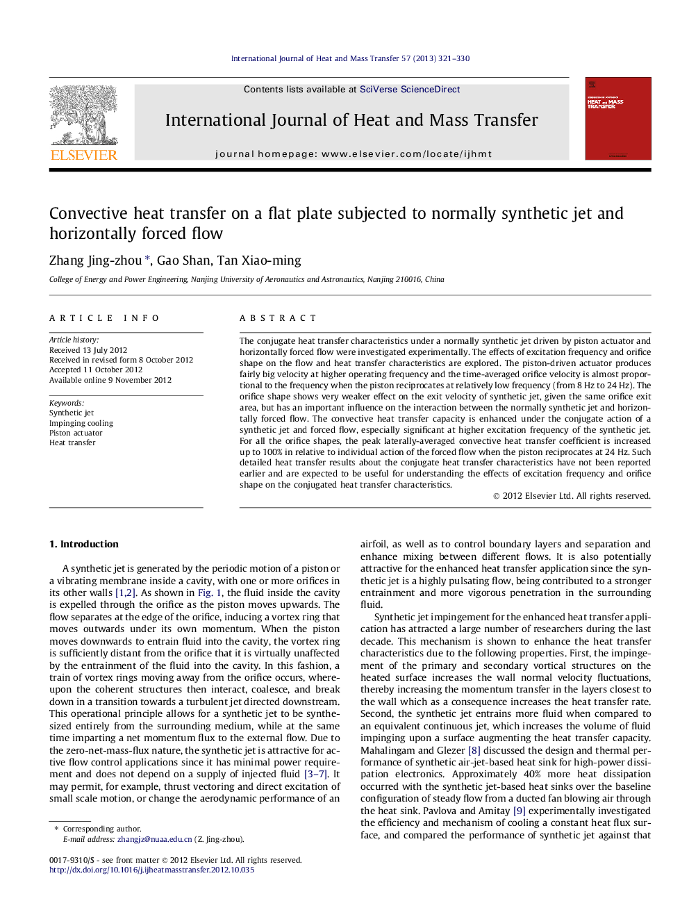 Convective heat transfer on a flat plate subjected to normally synthetic jet and horizontally forced flow