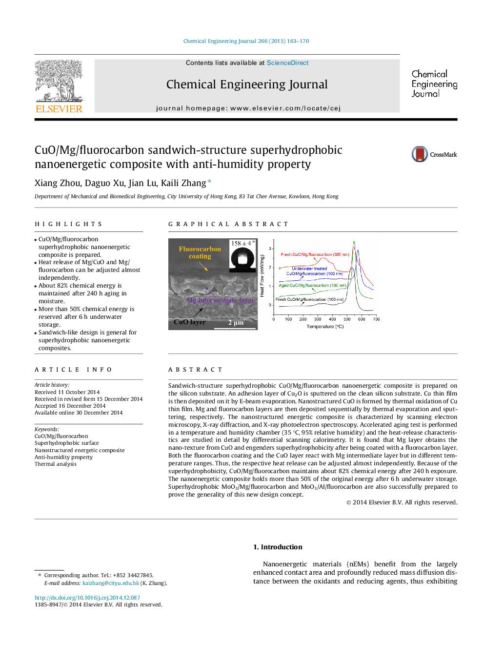 CuO/Mg/fluorocarbon sandwich-structure superhydrophobic nanoenergetic composite with anti-humidity property