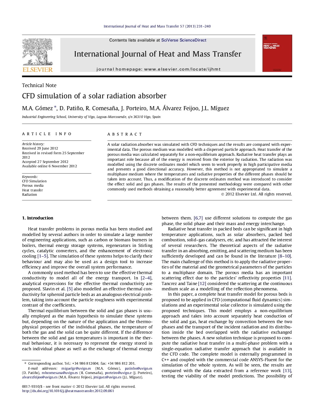 CFD simulation of a solar radiation absorber