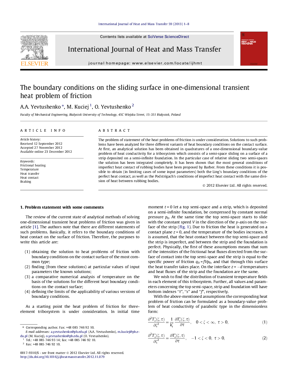 The boundary conditions on the sliding surface in one-dimensional transient heat problem of friction