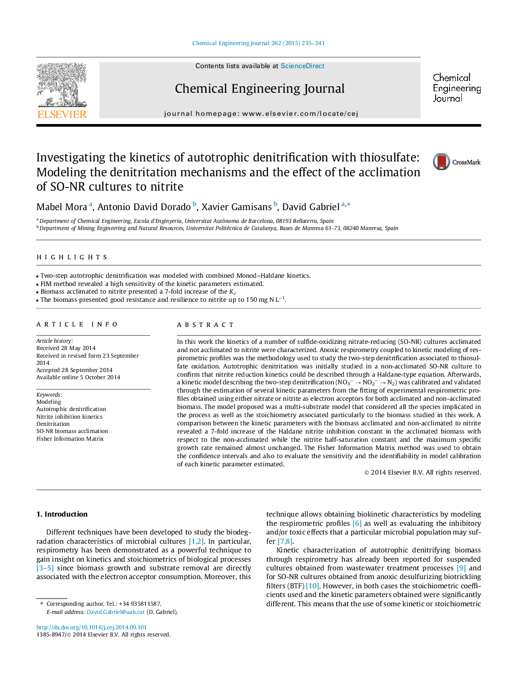 Investigating the kinetics of autotrophic denitrification with thiosulfate: Modeling the denitritation mechanisms and the effect of the acclimation of SO-NR cultures to nitrite