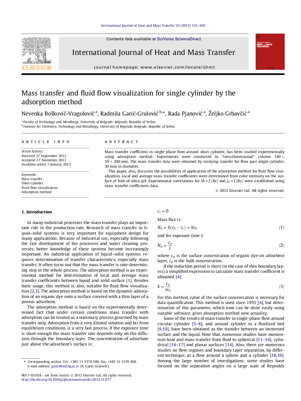 Mass transfer and fluid flow visualization for single cylinder by the adsorption method