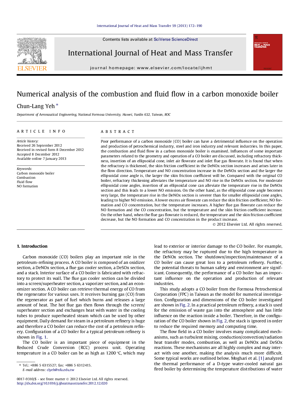 Numerical analysis of the combustion and fluid flow in a carbon monoxide boiler