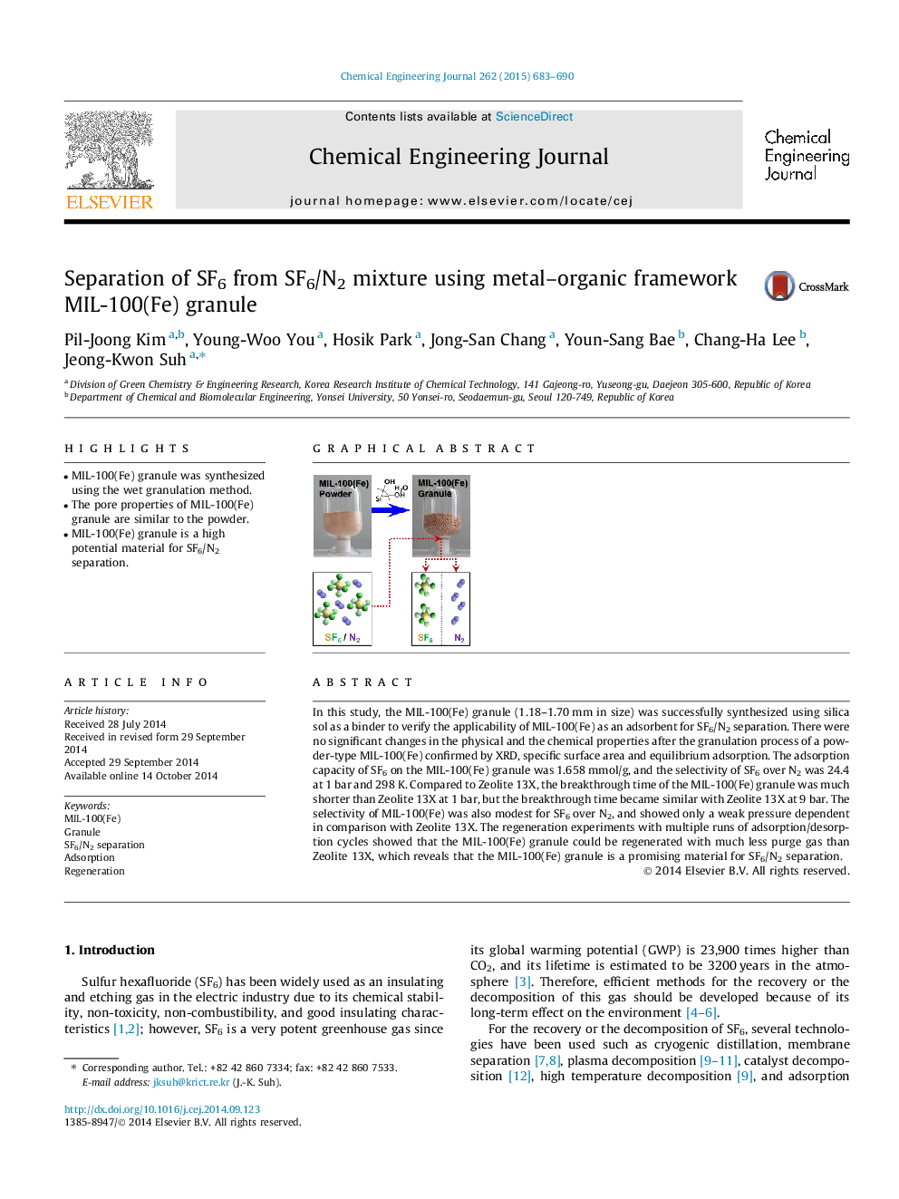 Separation of SF6 from SF6/N2 mixture using metal-organic framework MIL-100(Fe) granule