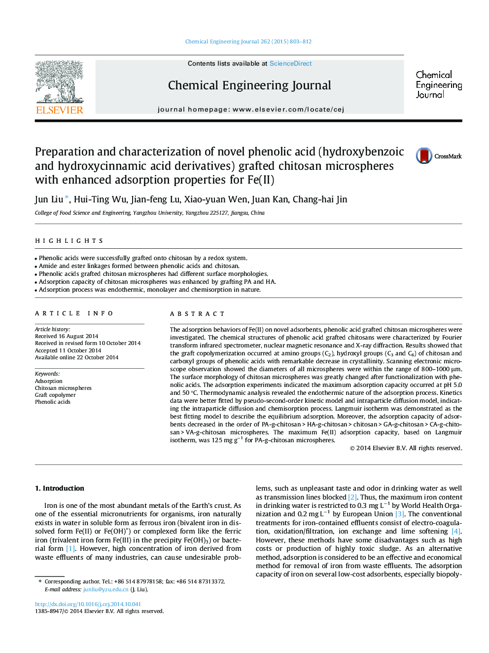 Preparation and characterization of novel phenolic acid (hydroxybenzoic and hydroxycinnamic acid derivatives) grafted chitosan microspheres with enhanced adsorption properties for Fe(II)