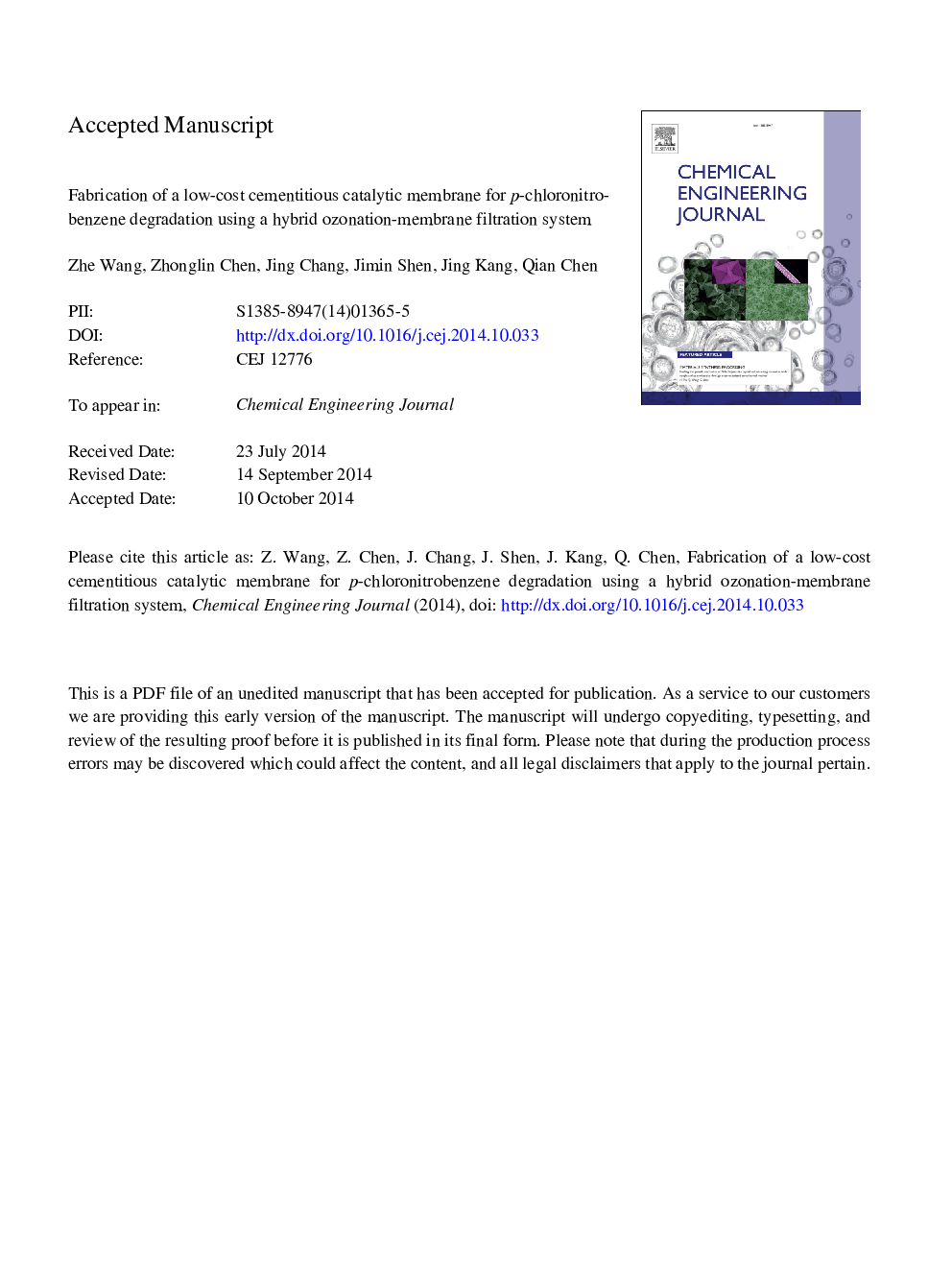 Fabrication of a low-cost cementitious catalytic membrane for p-chloronitrobenzene degradation using a hybrid ozonation-membrane filtration system