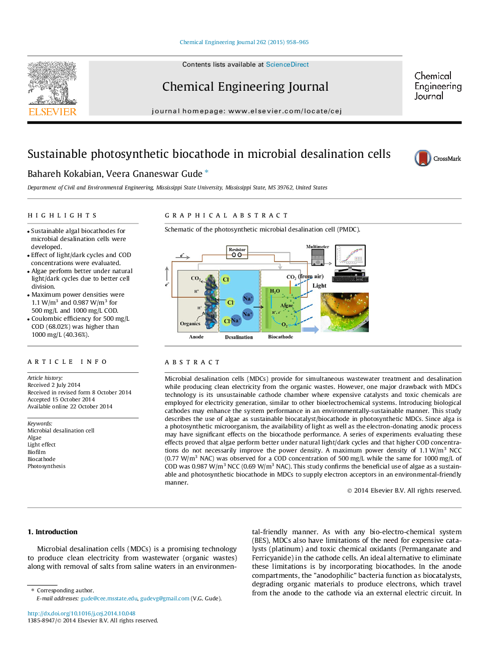 Sustainable photosynthetic biocathode in microbial desalination cells