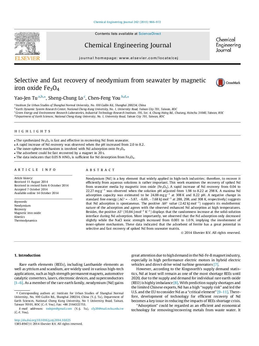 عکس صفحه اول مقاله: Selective and fast recovery of neodymium from seawater by magnetic iron oxide Fe3O4 Selective and fast recovery of neodymium from seawater by magnetic iron oxide Fe3O4
