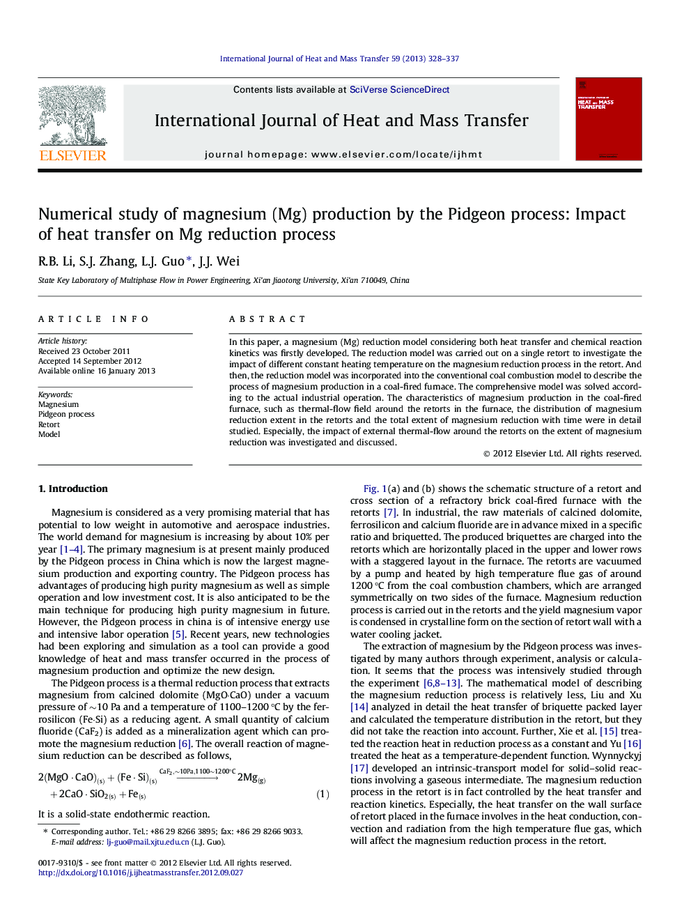Numerical study of magnesium (Mg) production by the Pidgeon process: Impact of heat transfer on Mg reduction process