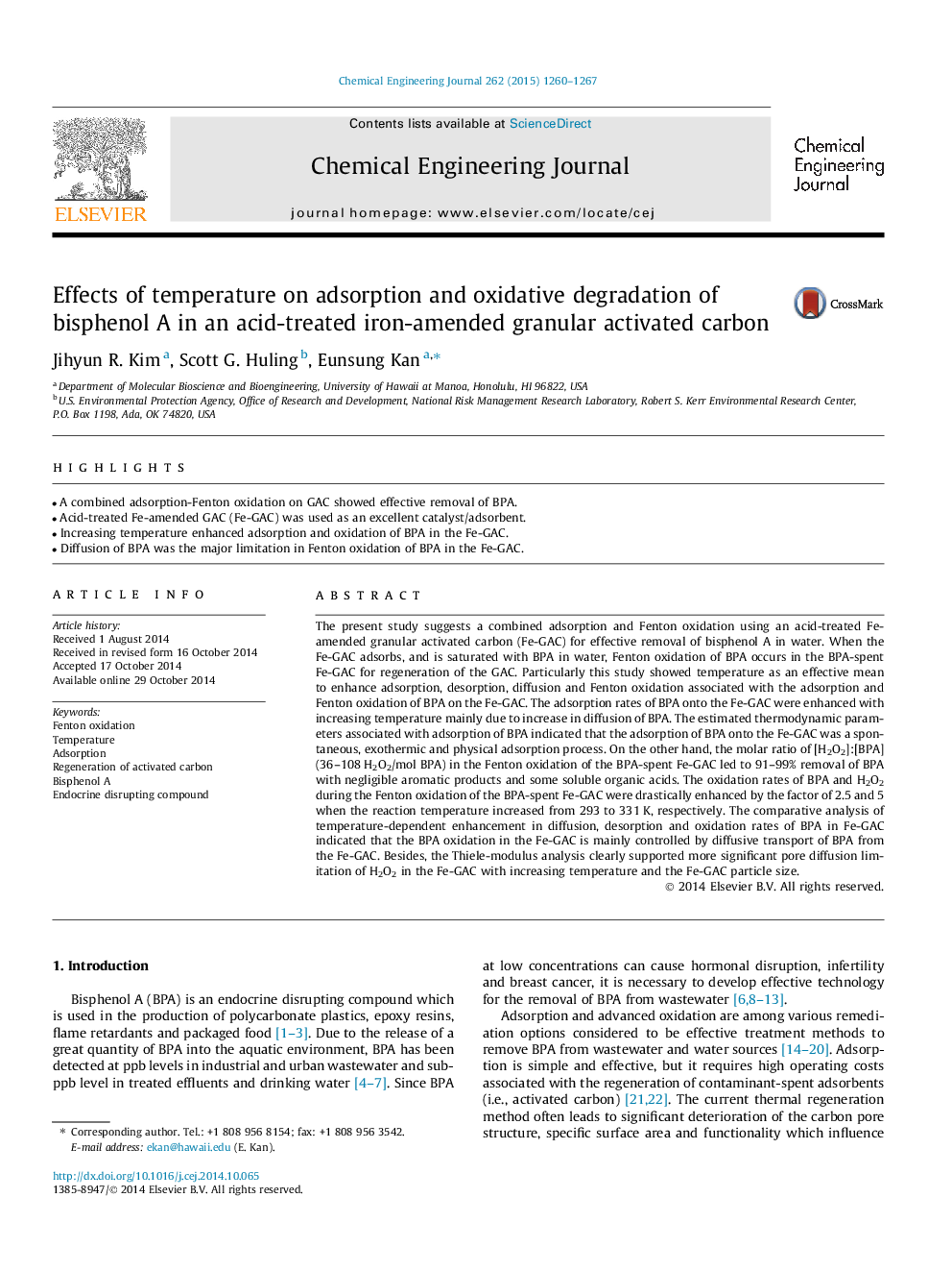عکس صفحه اول مقاله: Effects of temperature on adsorption and oxidative degradation of bisphenol A in an acid-treated iron-amended granular activated carbon Effects of temperature on adsorption and oxidative degradation of bisphenol A in an acid-treated iron-amended granular activated carbon