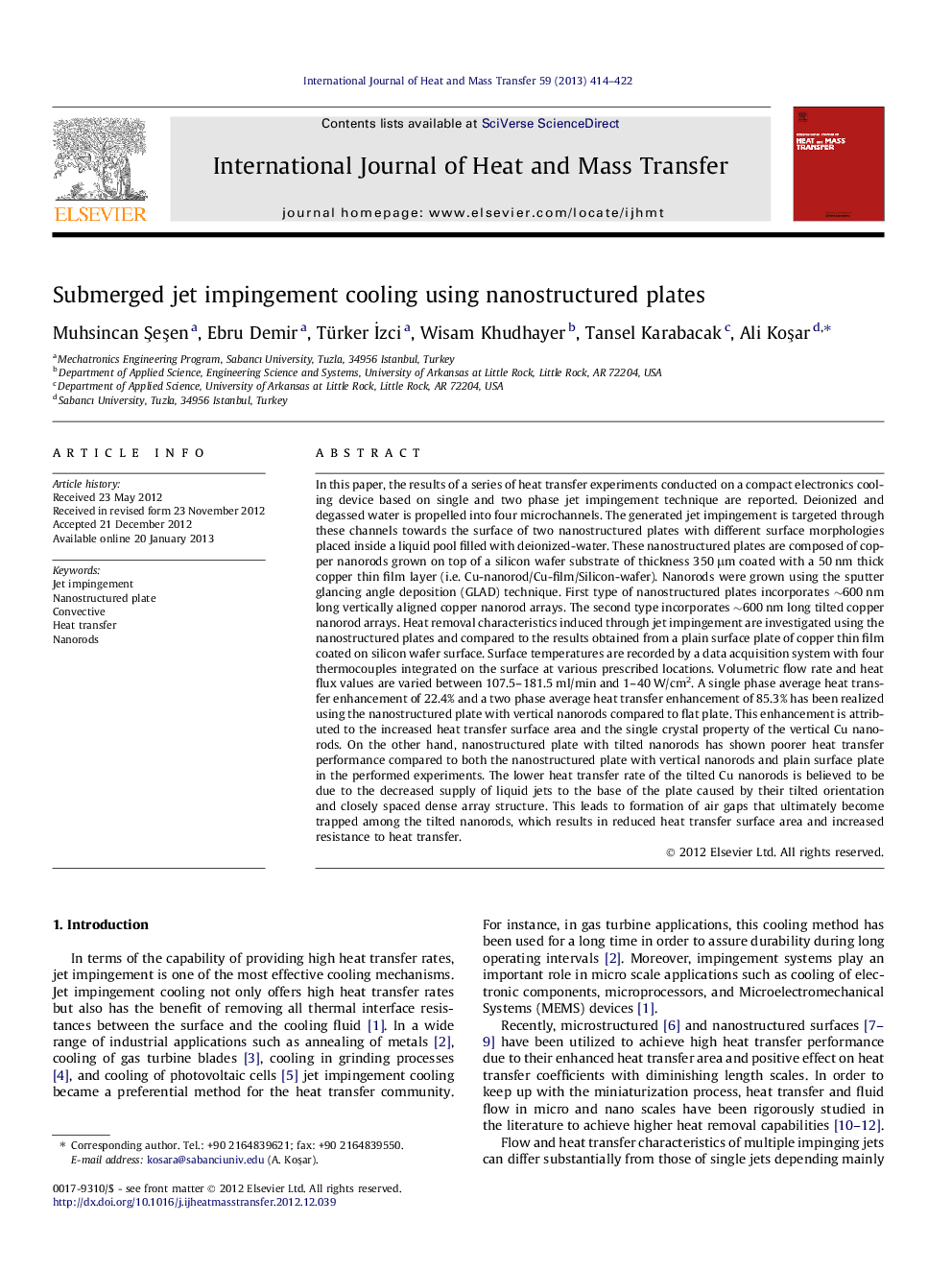 Submerged jet impingement cooling using nanostructured plates