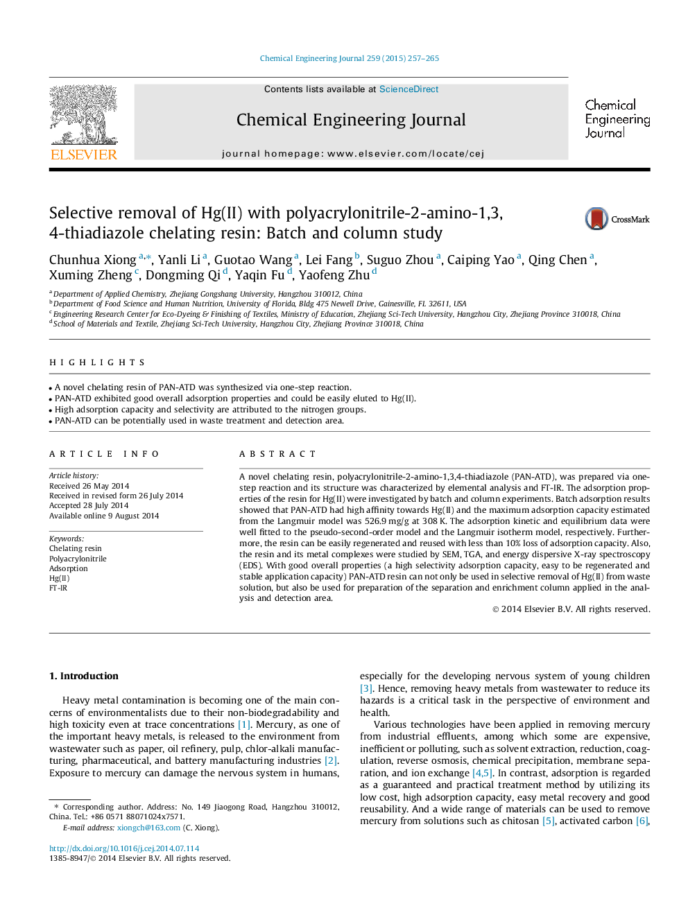 Selective removal of Hg(II) with polyacrylonitrile-2-amino-1,3,4-thiadiazole chelating resin: Batch and column study