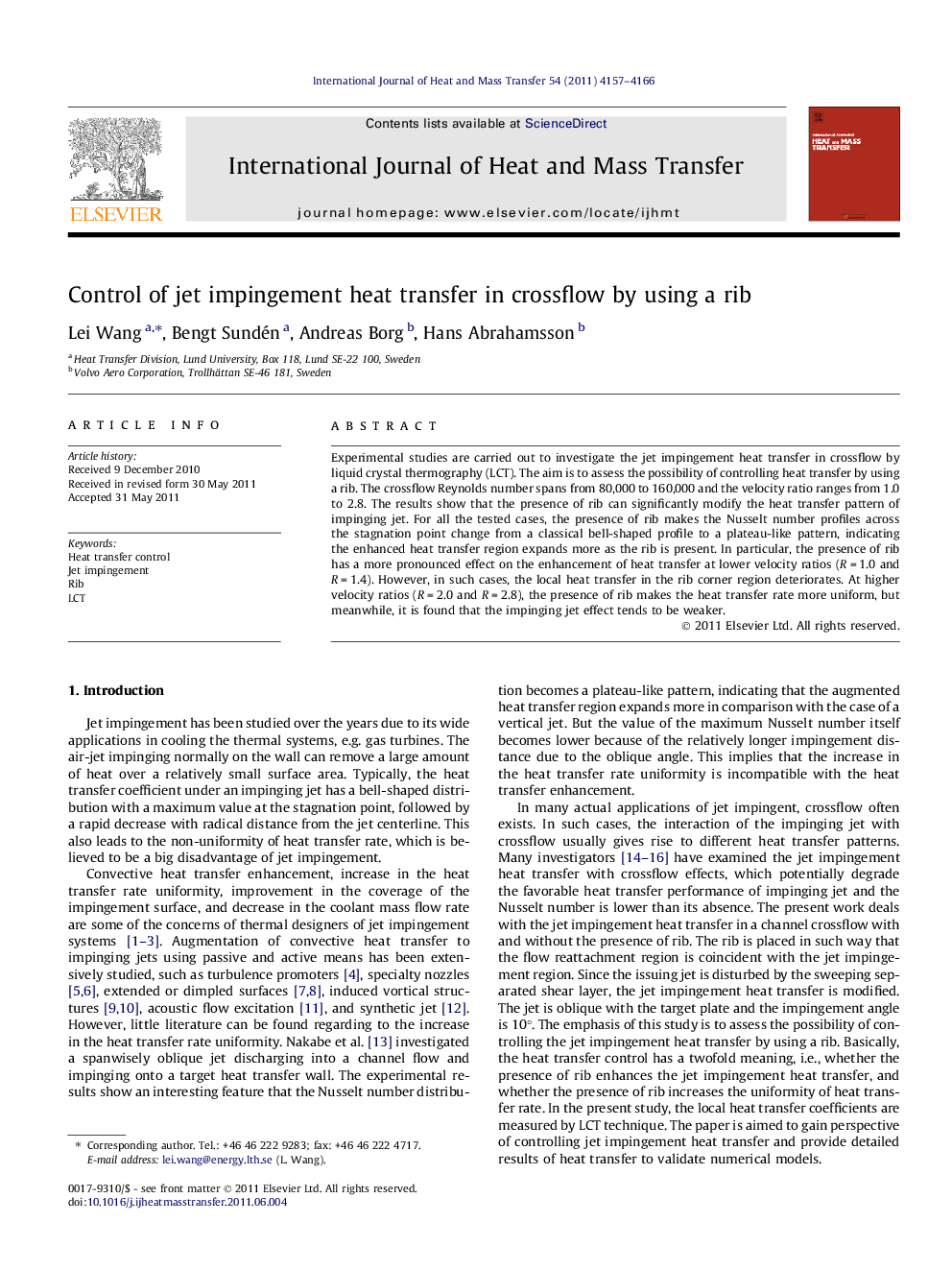 Control of jet impingement heat transfer in crossflow by using a rib