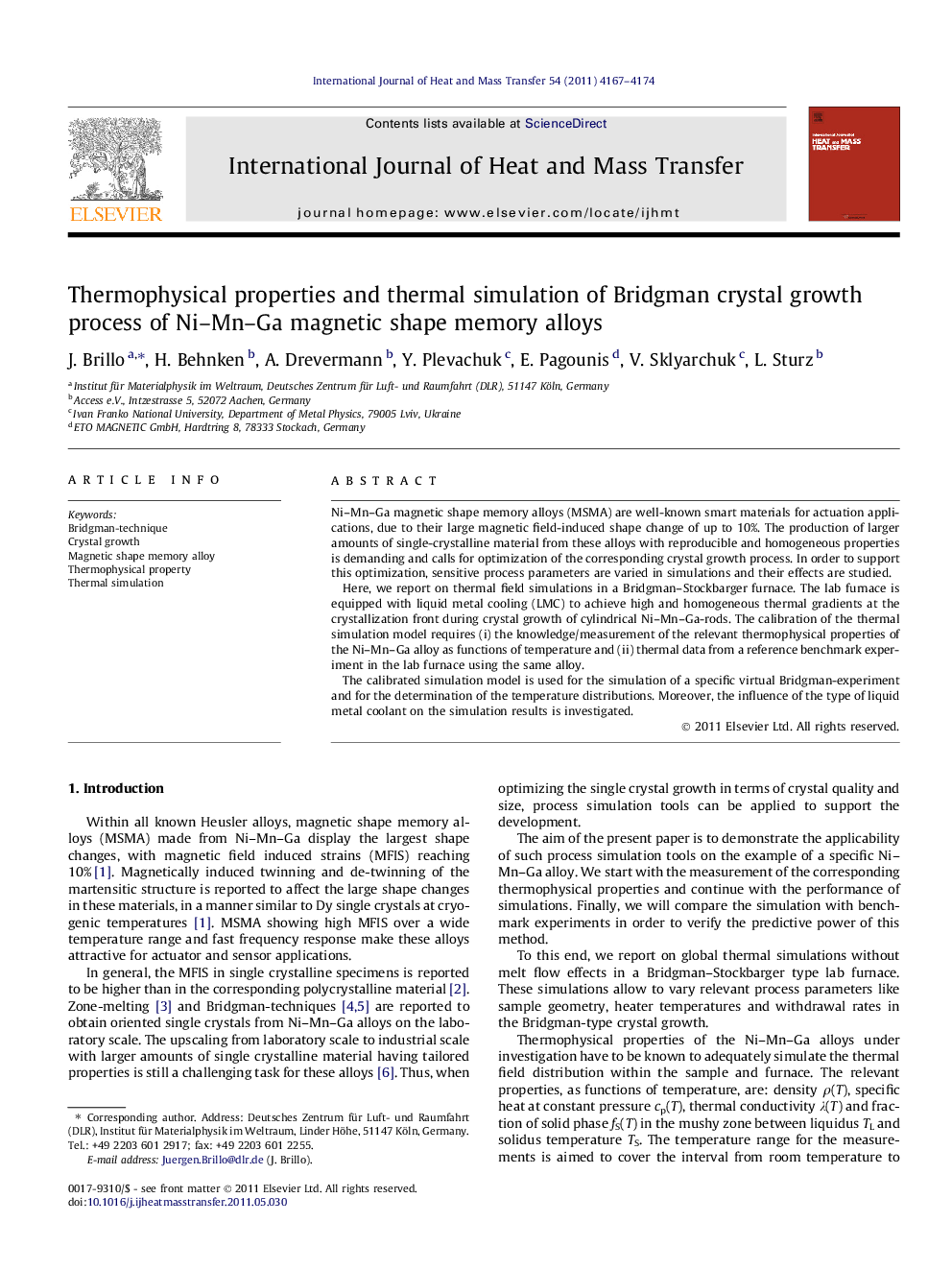 Thermophysical properties and thermal simulation of Bridgman crystal growth process of Ni–Mn–Ga magnetic shape memory alloys