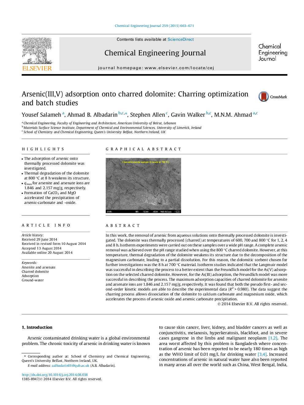 Arsenic(III,V) adsorption onto charred dolomite: Charring optimization and batch studies