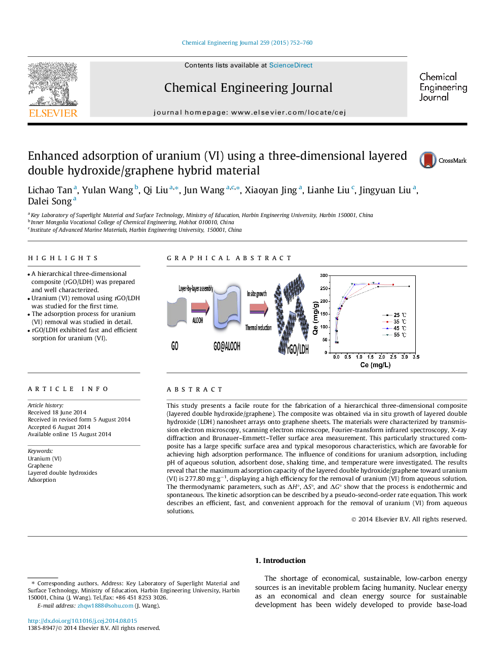 عکس صفحه اول مقاله: Enhanced adsorption of uranium (VI) using a three-dimensional layered double hydroxide/graphene hybrid material Enhanced adsorption of uranium (VI) using a three-dimensional layered double hydroxide/graphene hybrid material