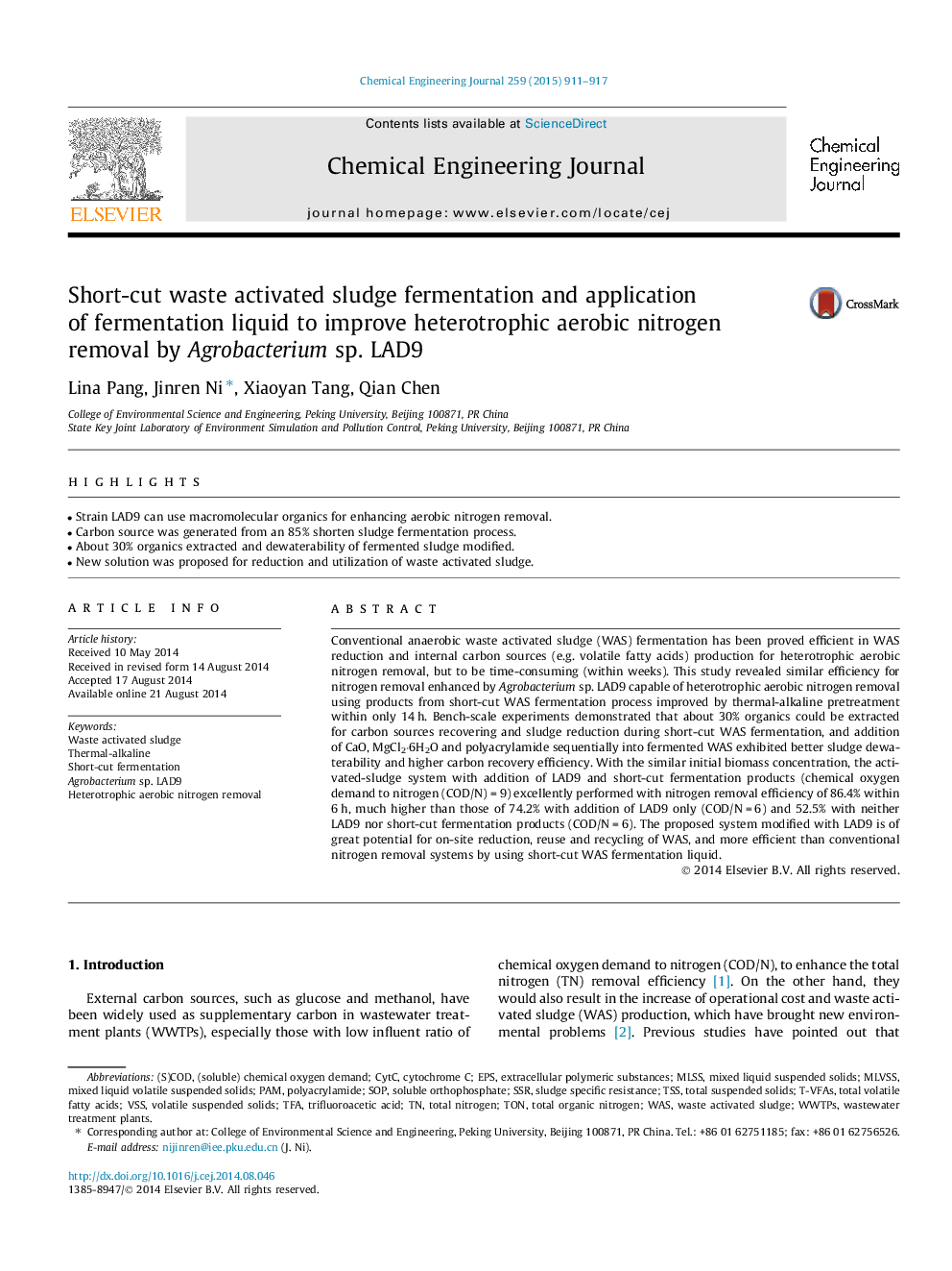 Short-cut waste activated sludge fermentation and application of fermentation liquid to improve heterotrophic aerobic nitrogen removal by Agrobacterium sp. LAD9