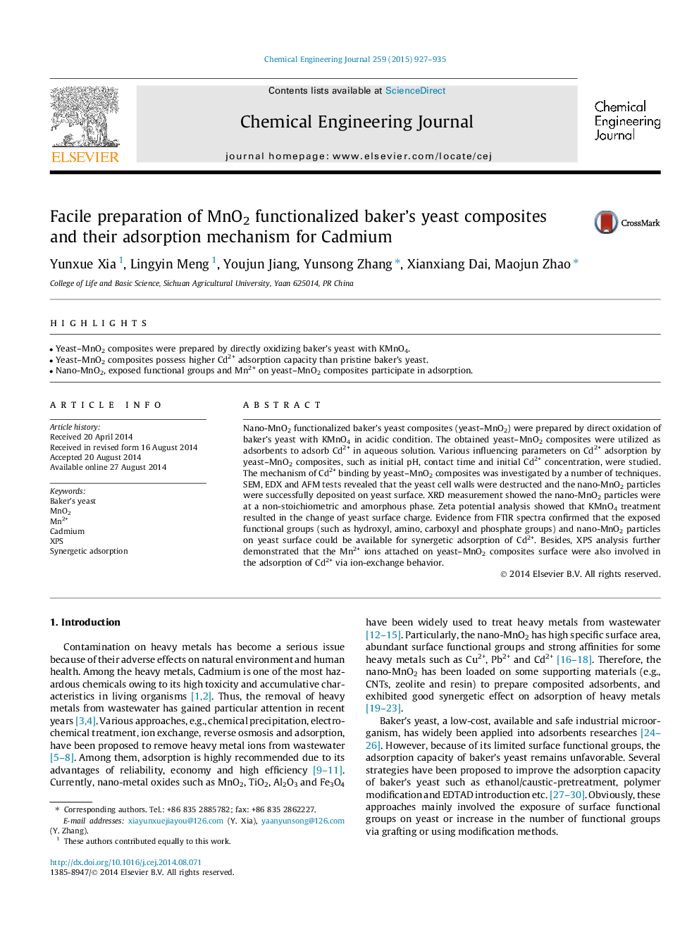 Facile preparation of MnO2 functionalized baker's yeast composites and their adsorption mechanism for Cadmium