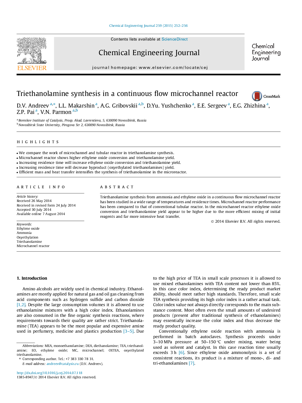 Triethanolamine synthesis in a continuous flow microchannel reactor