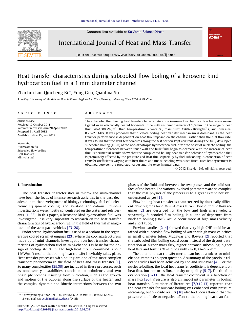 Heat transfer characteristics during subcooled flow boiling of a kerosene kind hydrocarbon fuel in a 1Â mm diameter channel