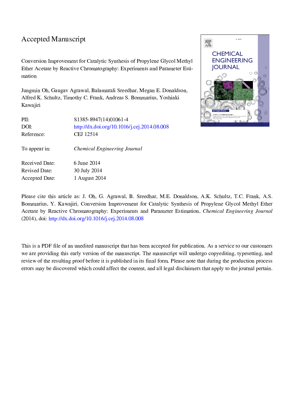 Conversion improvement for catalytic synthesis of propylene glycol methyl ether acetate by reactive chromatography: Experiments and parameter estimation