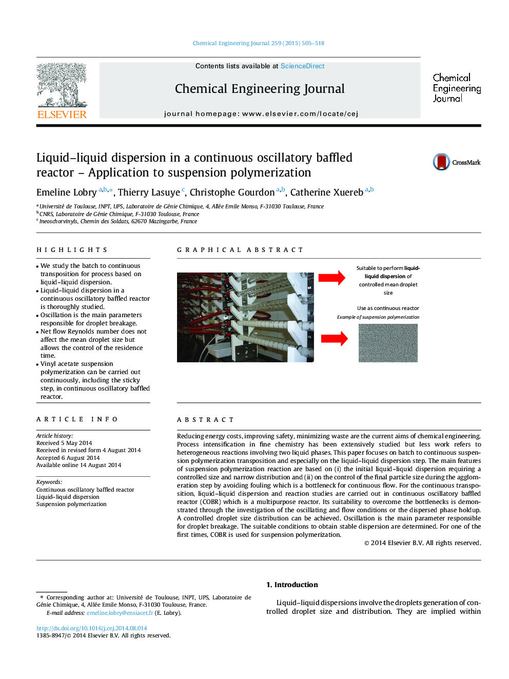 Liquid-liquid dispersion in a continuous oscillatory baffled reactor - Application to suspension polymerization