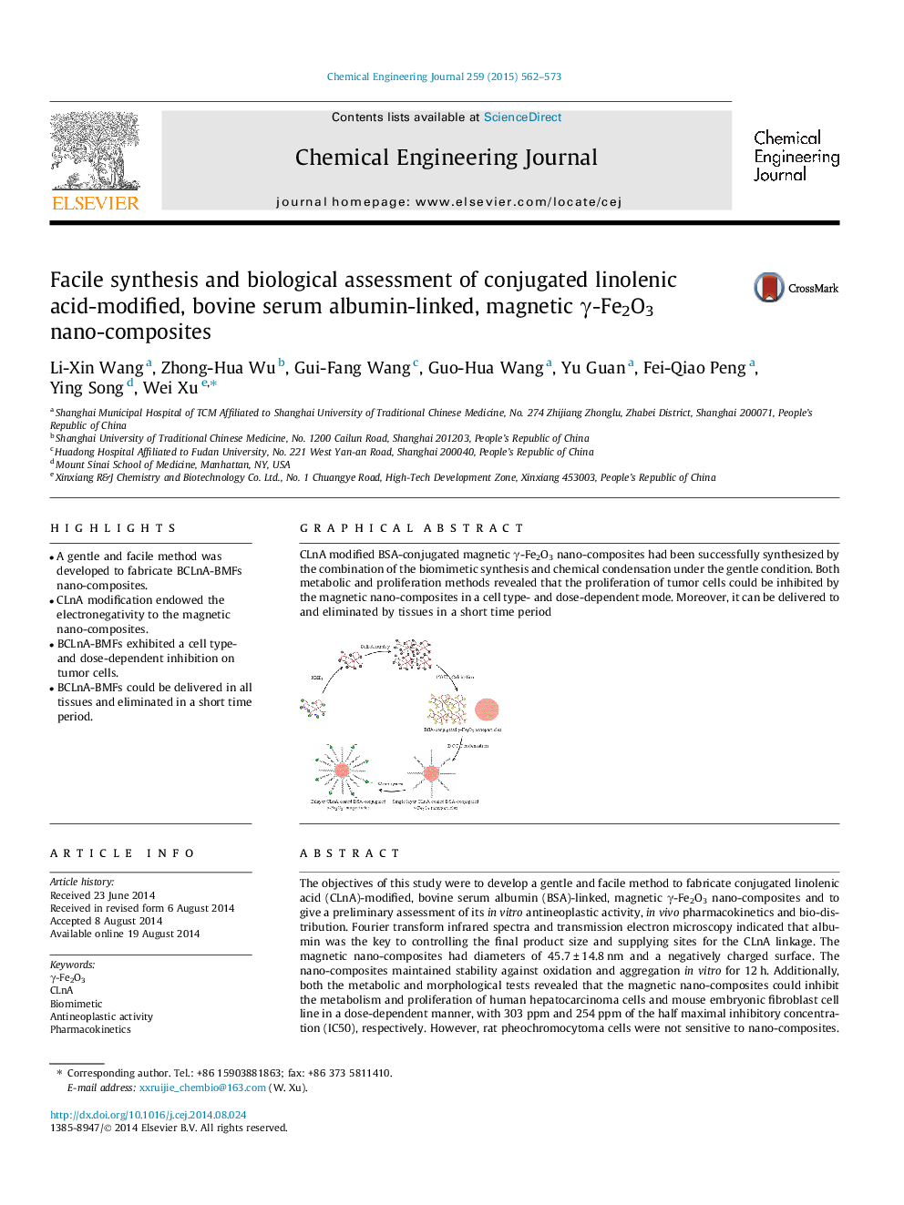 Facile synthesis and biological assessment of conjugated linolenic acid-modified, bovine serum albumin-linked, magnetic Î³-Fe2O3 nano-composites