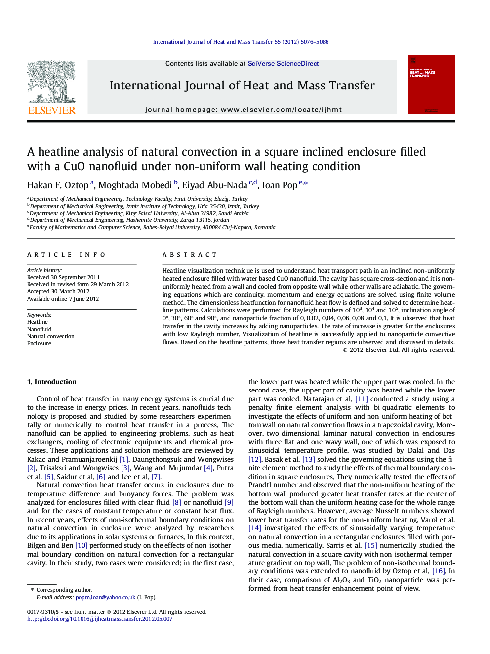 A heatline analysis of natural convection in a square inclined enclosure filled with a CuO nanofluid under non-uniform wall heating condition