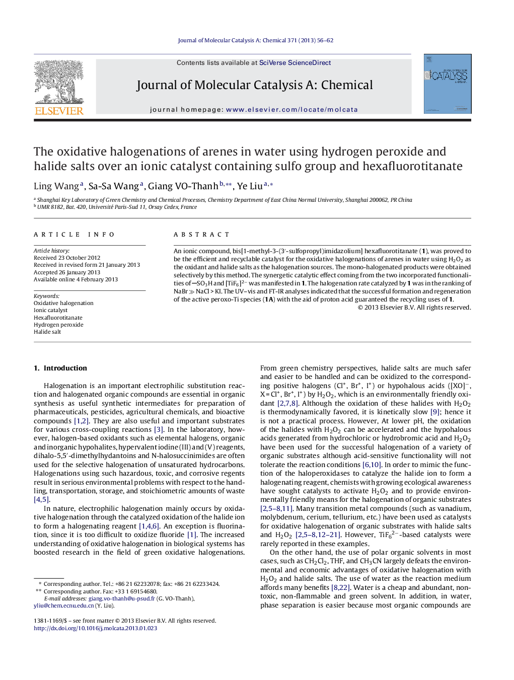 عکس صفحه اول مقاله: The oxidative halogenations of arenes in water using hydrogen peroxide and halide salts over an ionic catalyst containing sulfo group and hexafluorotitanate The oxidative halogenations of arenes in water using hydrogen peroxide and halide salts over an ionic catalyst containing sulfo group and hexafluorotitanate