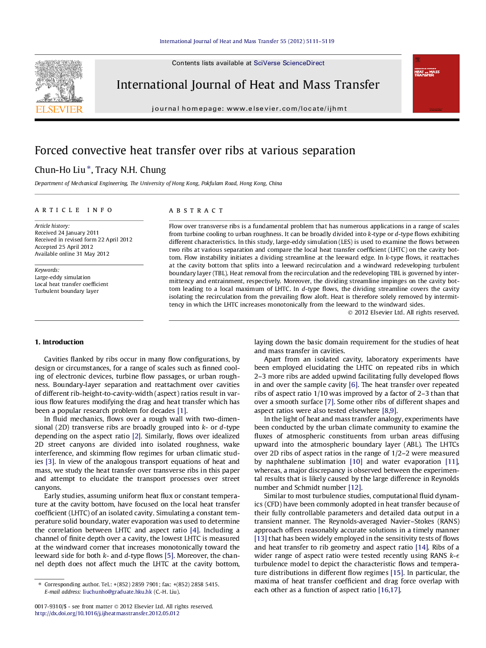 Forced convective heat transfer over ribs at various separation