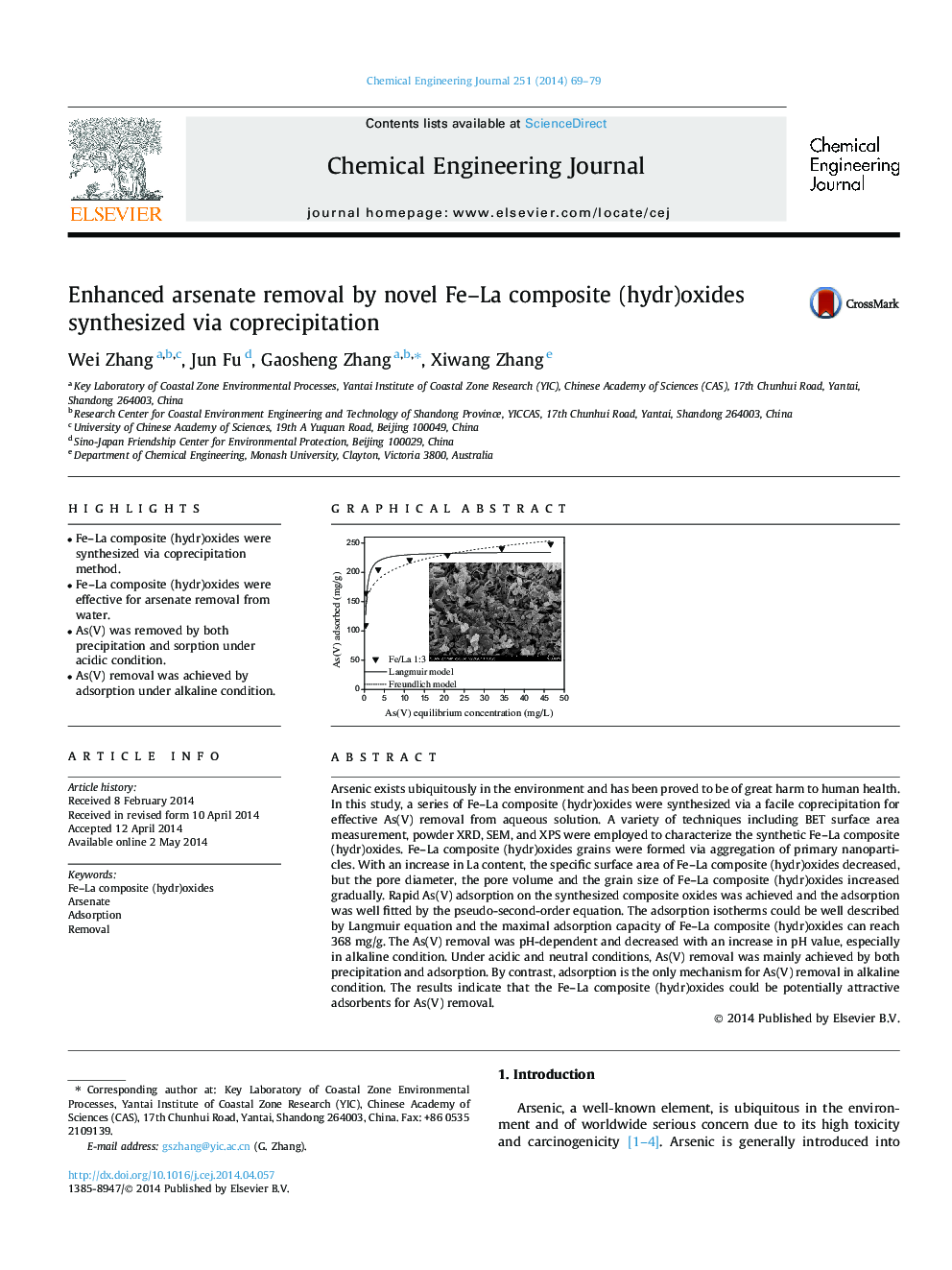 Enhanced arsenate removal by novel Fe-La composite (hydr)oxides synthesized via coprecipitation
