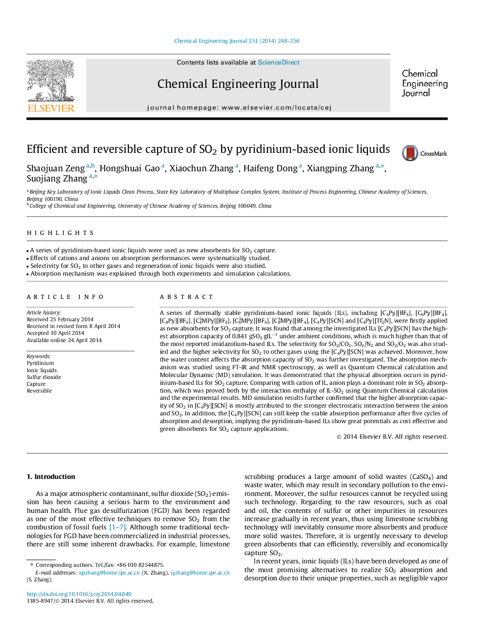 Efficient and reversible capture of SO2 by pyridinium-based ionic liquids