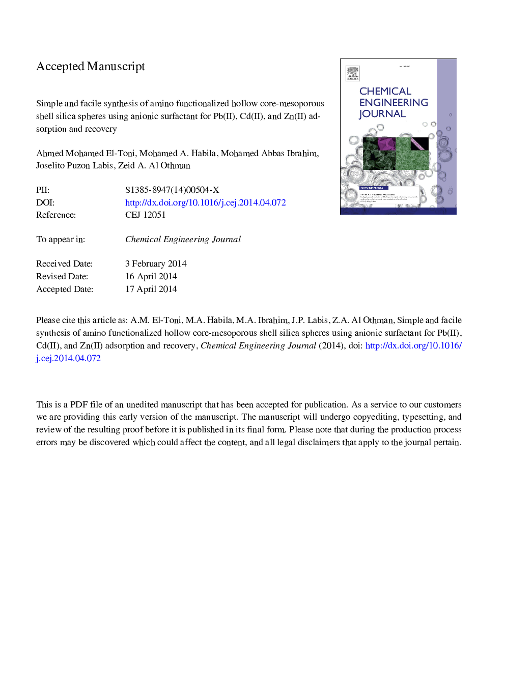 عکس صفحه اول مقاله: Simple and facile synthesis of amino functionalized hollow core-mesoporous shell silica spheres using anionic surfactant for Pb(II), Cd(II), and Zn(II) adsorption and recovery Simple and facile synthesis of amino functionalized hollow core-mesoporous shell silica spheres using anionic surfactant for Pb(II), Cd(II), and Zn(II) adsorption and recovery