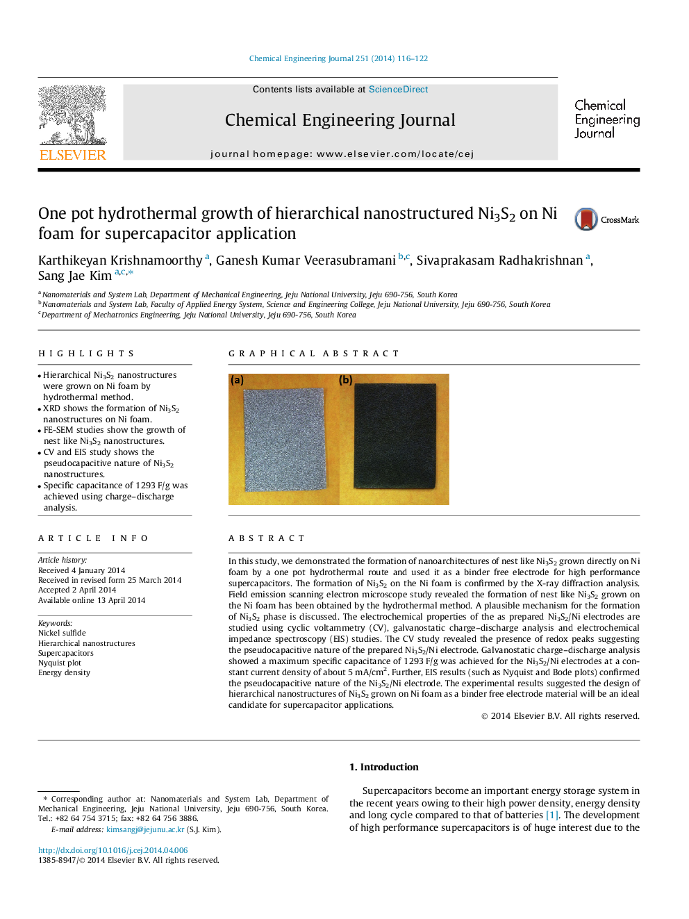 One pot hydrothermal growth of hierarchical nanostructured Ni3S2 on Ni foam for supercapacitor application