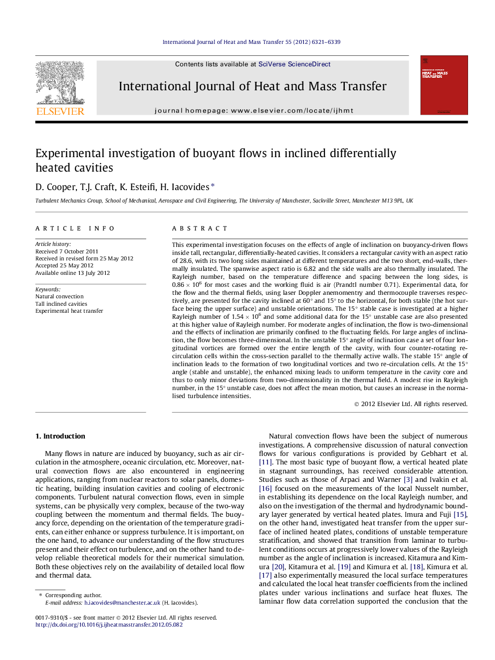 Experimental investigation of buoyant flows in inclined differentially heated cavities