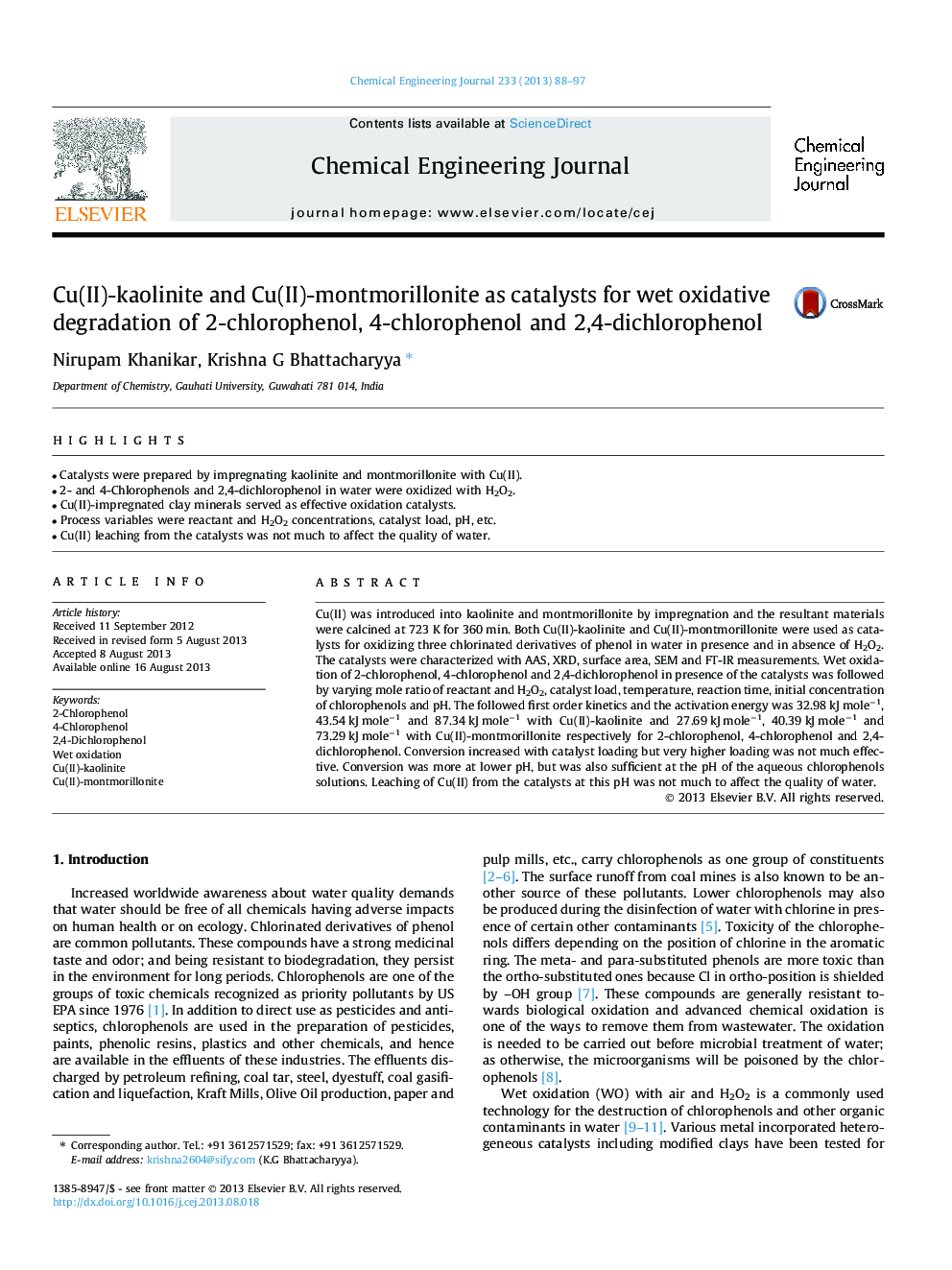 Cu(II)-kaolinite and Cu(II)-montmorillonite as catalysts for wet oxidative degradation of 2-chlorophenol, 4-chlorophenol and 2,4-dichlorophenol