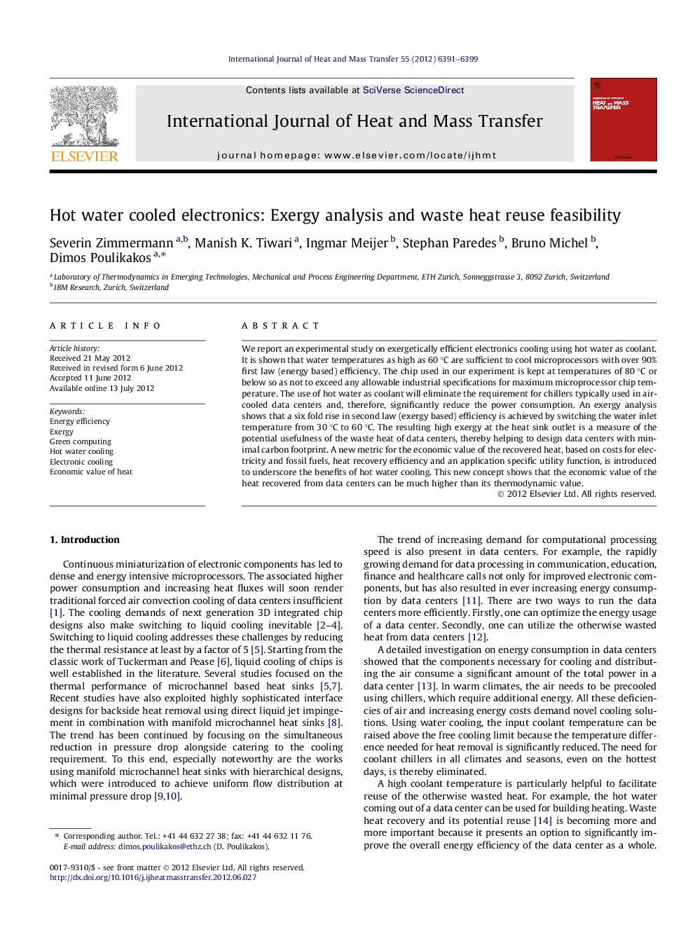 Hot water cooled electronics: Exergy analysis and waste heat reuse feasibility