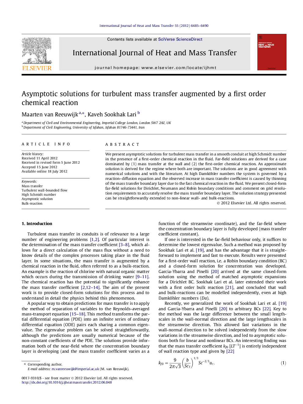 Asymptotic solutions for turbulent mass transfer augmented by a first order chemical reaction