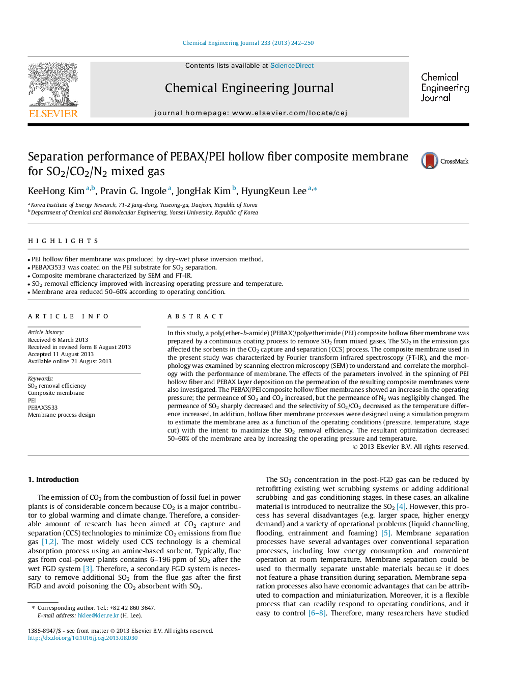 عکس صفحه اول مقاله: Separation performance of PEBAX/PEI hollow fiber composite membrane for SO2/CO2/N2 mixed gas Separation performance of PEBAX/PEI hollow fiber composite membrane for SO2/CO2/N2 mixed gas
