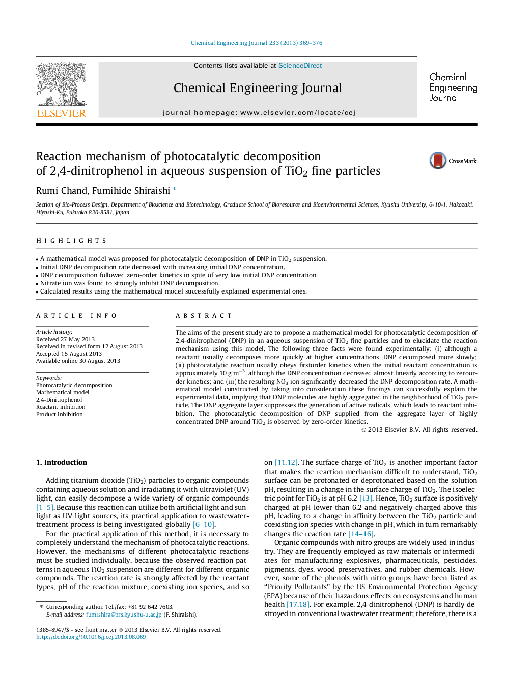 Reaction mechanism of photocatalytic decomposition of 2,4-dinitrophenol in aqueous suspension of TiO2 fine particles