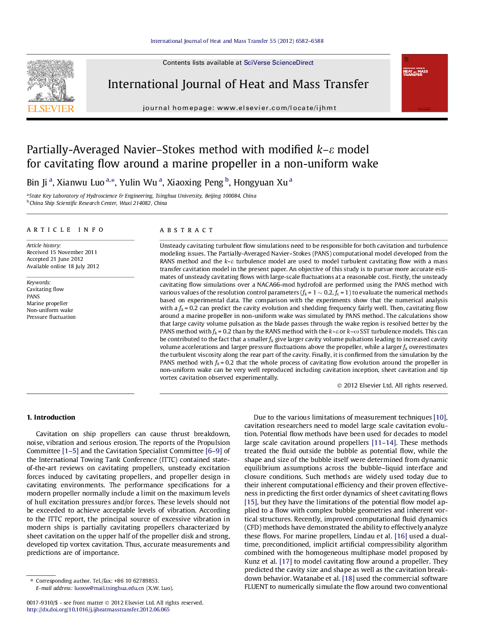 Partially-Averaged Navier–Stokes method with modified k–ε model for cavitating flow around a marine propeller in a non-uniform wake