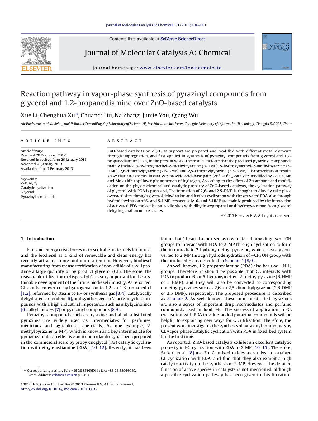 Reaction pathway in vapor-phase synthesis of pyrazinyl compounds from glycerol and 1,2-propanediamine over ZnO-based catalysts