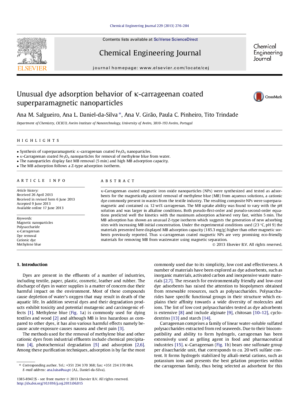 عکس صفحه اول مقاله: Unusual dye adsorption behavior of κ-carrageenan coated superparamagnetic nanoparticles Unusual dye adsorption behavior of κ-carrageenan coated superparamagnetic nanoparticles